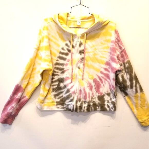 Old Navy Tie Dye Hoodie Yellow Gray Pink Zipper Jacket Juniors Size M - Picture 1 of 12